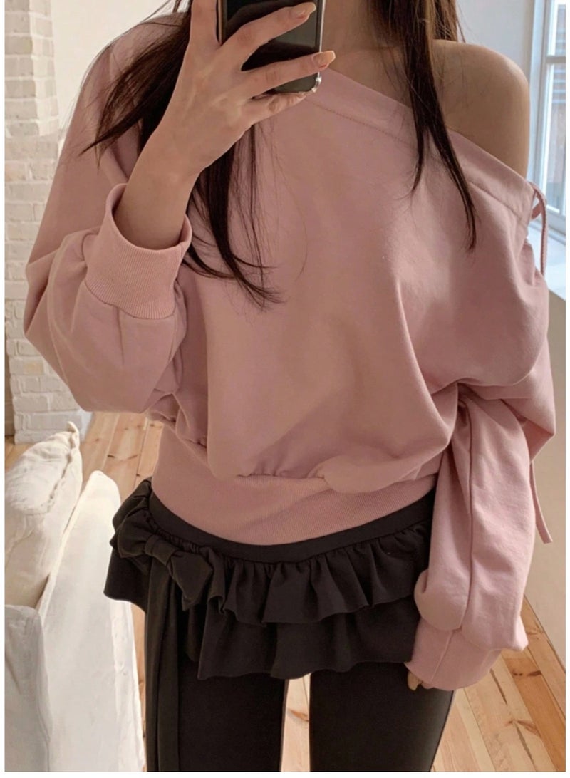 DAZY Cute Cold-Shoulder Long Sleeve Sweatshirt, Casual Loose Fit Women Pullover For Autumn/Winter - Image 2
